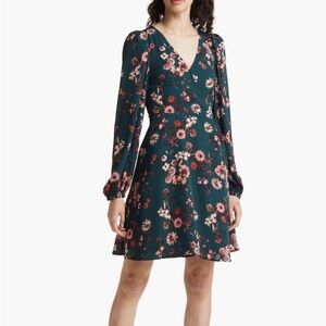 Chelsea28 Floral Long Sleeve Faux Wrap Dress - Teal and Pink - NWOT